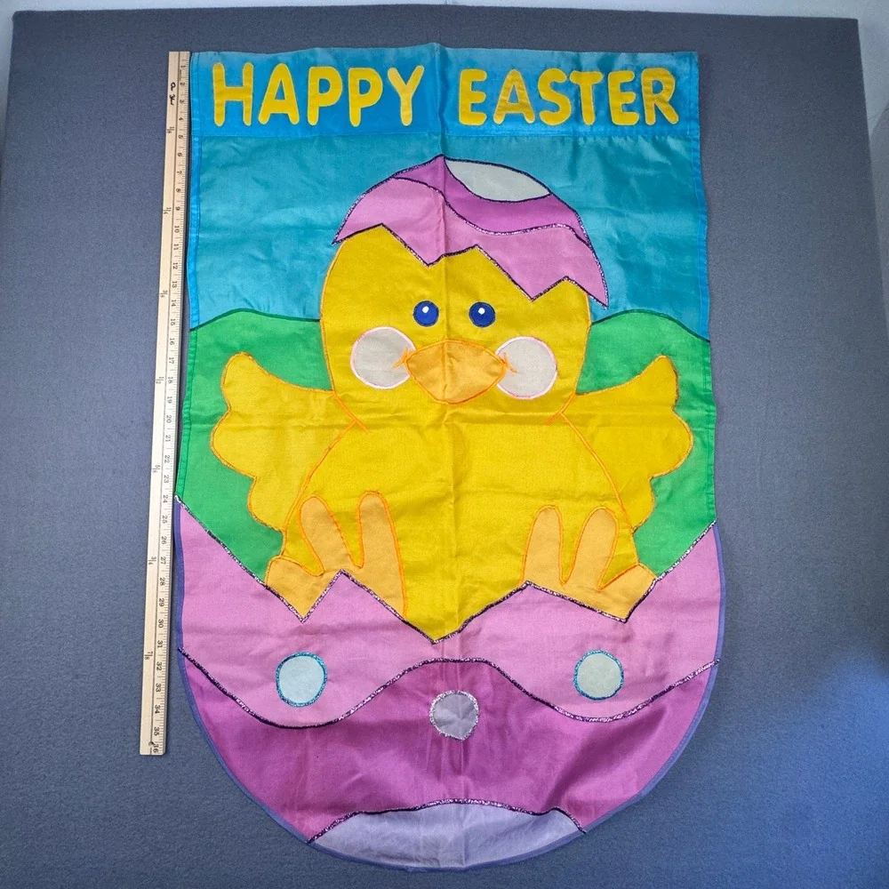 Vtg Happy Easter Chick Chicken Egg Colorful Outdoor Nylon Flag w Metallic Accent